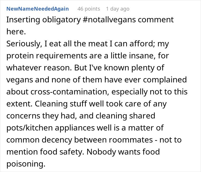 Screenshot of a Reddit comment discussing non-vegans and shared kitchen rules related to strict vegan roommate conflicts.