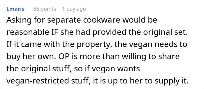 Comment discussing refusal to follow roommate’s strict vegan rules about separate cookware in shared kitchen conflict