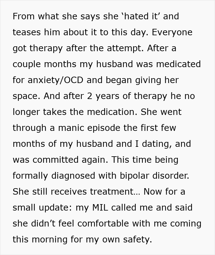 Text excerpt about therapy, bipolar disorder, and hospitalization related to woman hospitalized after family’s intervention.