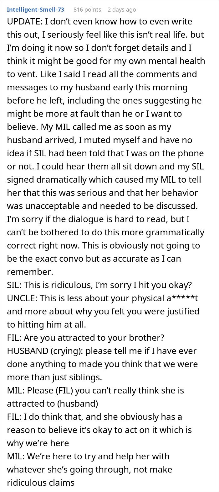 Text post about family intervention addressing a woman's obsession with her brother causing hospitalization and revealing uncomfortable truth.