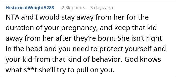 Comment warning about a woman’s behavior and emphasizing protection during pregnancy and after birth in a family intervention context.