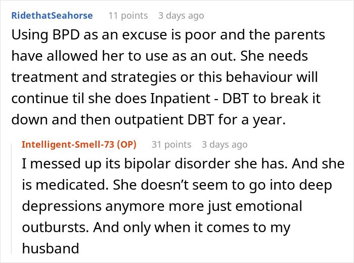 Screenshot of a Reddit conversation discussing a woman hospitalized after family intervention over obsession, mentioning bipolar disorder treatment.