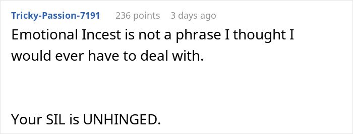 Screenshot of a social media comment discussing emotional incest related to a woman hospitalized after family intervention.