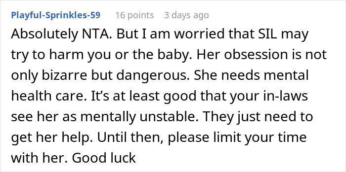 Comment expressing concern over a woman’s dangerous obsession and the need for mental health care after family intervention.