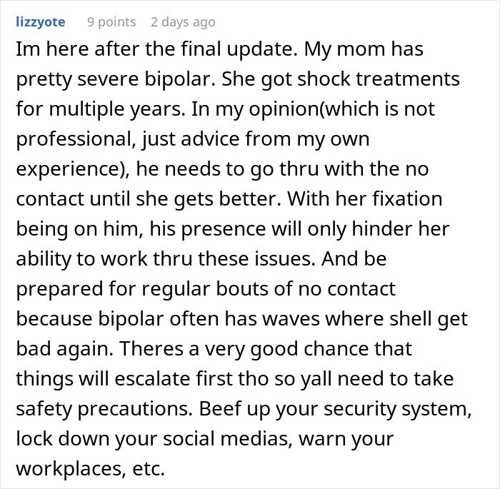 Comment discussing a woman hospitalized after family intervention due to obsession with her brother and related mental health challenges.
