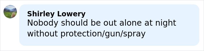 Comment by Shirley Lowery warning about the dangers of being alone at night without protection or spray.