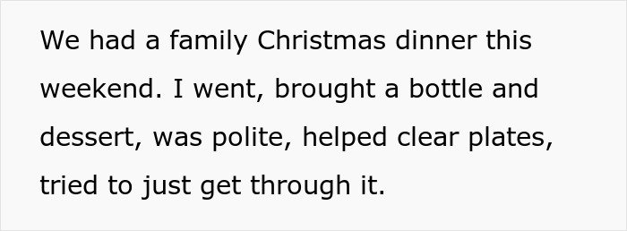 Text excerpt from a guy sharing his experience at a family Christmas dinner involving uncle’s jokes and family tension.