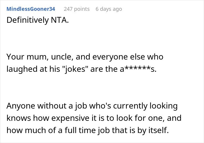 Screenshot of a comment discussing the guy leaving Christmas dinner over uncle's jokes and mom's reaction.