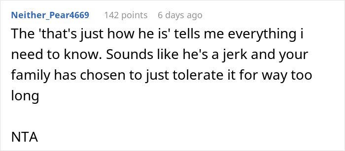 Commenter expressing frustration over uncle's jokes at Christmas dinner, supporting guy who left upset family event.