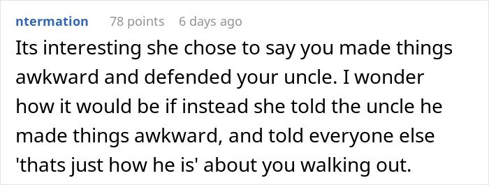 Text post from a user discussing awkward family moments involving uncle's jokes and a mom's reaction.