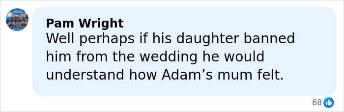 Comment from Pam Wright discussing Gordon Ramsay’s harsh speech at daughter’s wedding to Adam Peaty after family drama.