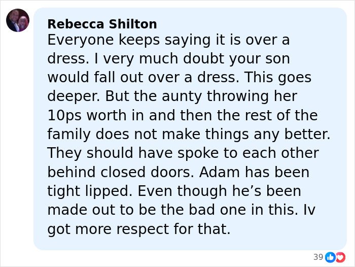 User comment discussing family tensions involving Adam Peaty after Gordon Ramsay's brutal wedding speech.