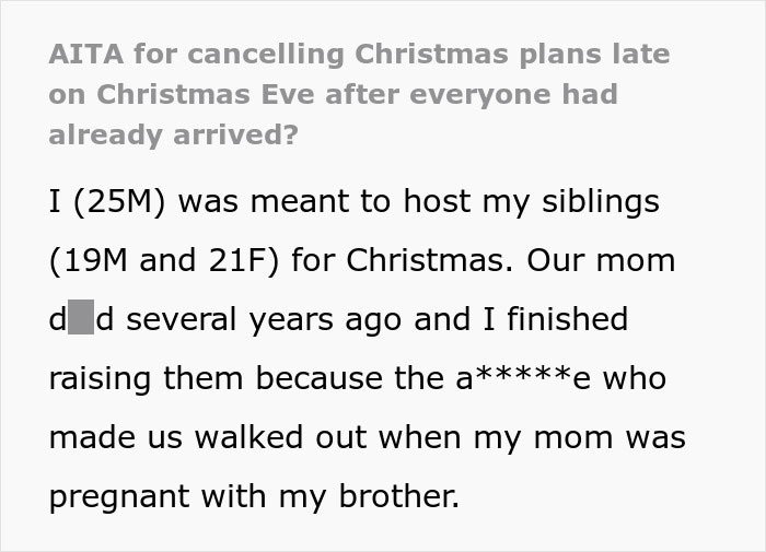 Text post showing a man explaining why he kicked siblings out after they shared their surprise plan for Christmas.