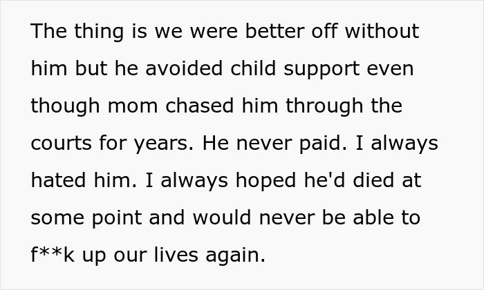 Text excerpt discussing a man avoiding child support and the impact on family life after siblings reveal a surprise plan.