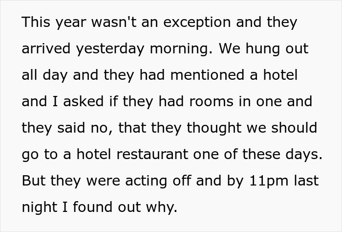 Text excerpt about siblings arriving and acting suspiciously before a surprise revelation in a family conflict context.