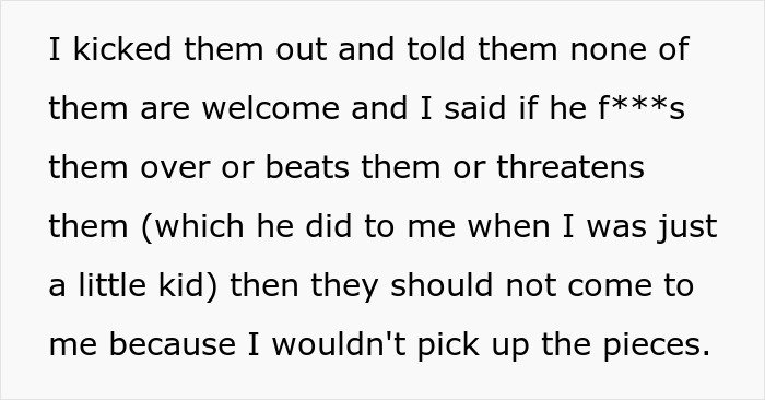 Text excerpt showing a guy kicks siblings out after they share the surprise they planned, expressing boundaries and past trauma.