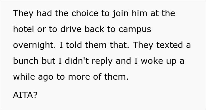 Text excerpt discussing siblings being kicked out after revealing a surprise plan with questions about right or wrong actions.