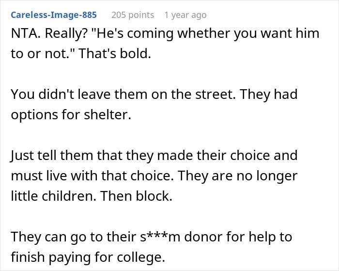 Comment discussing a guy kicking siblings out after they reveal a surprise they planned, debating bold decisions and consequences.