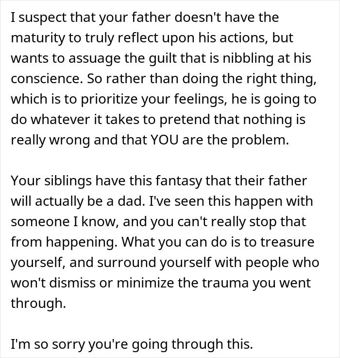 Alt text: Text discussing a guy kicking siblings out after they share a surprise plan and addressing family trauma and feelings.