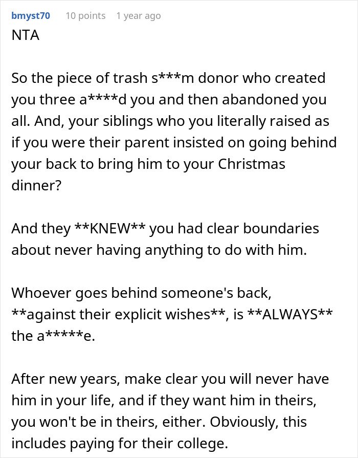 Screenshot of a user comment discussing boundaries and sibling conflicts after a surprise involving family members.