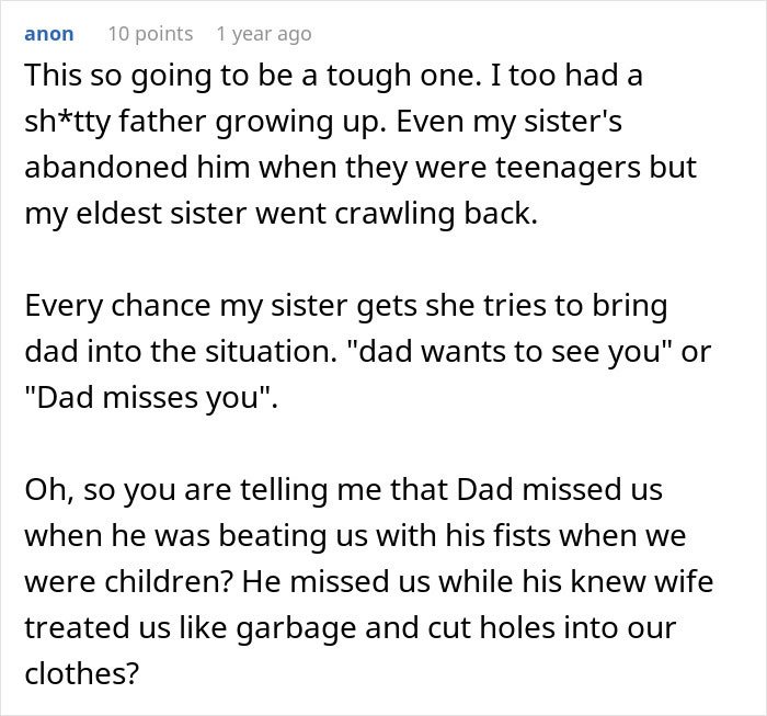 Comment discussing difficult family dynamics as a guy kicks siblings out after they share planned surprise.
