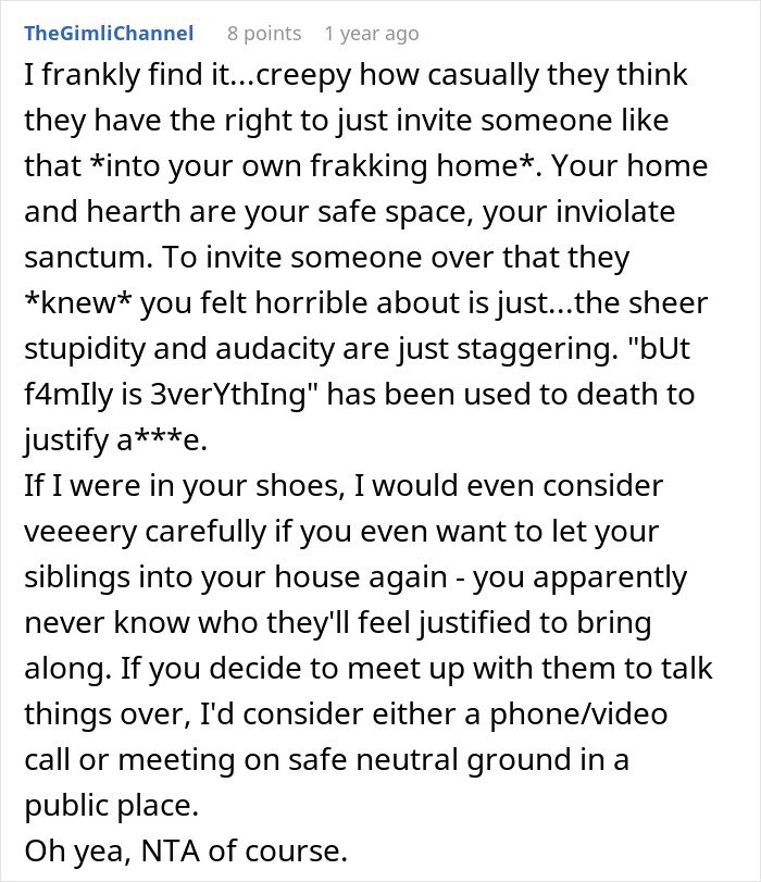 Screenshot of an online comment discussing a guy kicking siblings out after a surprise they planned causes conflict.