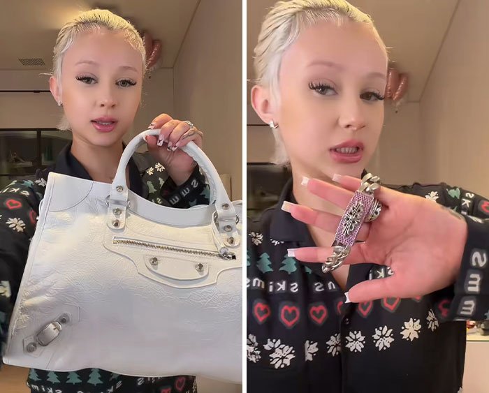 Woman showing a white designer handbag and a silver bracelet in a casual indoor setting, face visible with short blonde hair.
