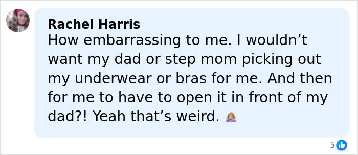 Comment by Rachel Harris criticizing Kourtney Kardashian and Travis Barker’s intimate gift to his daughter as embarrassing and weird.