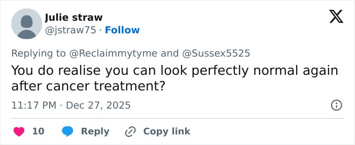 Tweet discussing cancer treatment and questioning assumptions about recovery, related to Kate Middleton scar conspiracy theories.
