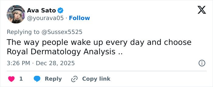Twitter post by Ava Sato discussing royal dermatology analysis amid Kate Middleton scar conspiracy theories.