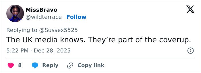 Tweet screenshot showing user MissBravo claiming UK media is part of a coverup in Kate Middleton scar conspiracy theories.