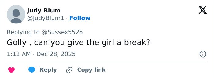 Tweet by Judy Blum replying to another user, discussing reactions related to Kate Middleton's scar video and conspiracy theories.