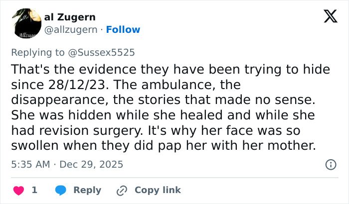 Tweet discussing theories about Kate Middleton's scar and hidden health issues during Christmas appearance.