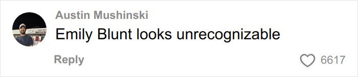Comment from Austin Mushinski stating Emily Blunt looks unrecognizable sparking debate on Hollywood actresses looking identical.