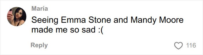 Comment from María expressing sadness about Hollywood actresses Emma Stone and Mandy Moore looking identical sparking debate on faces.