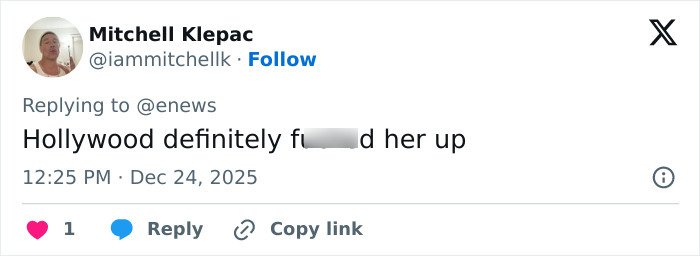 Tweet from Mitchell Klepac replying to enews, commenting on Amanda Bynes' dramatic weight loss after paparazzi photo.