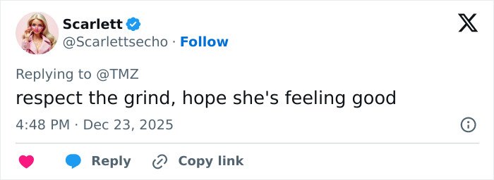 Tweet by Scarlett responding to TMZ, expressing hope that Amanda Bynes is feeling good after weight loss injections news.