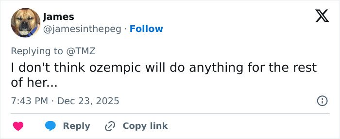 Tweet by James replying to TMZ about ozempic and weight loss, posted December 23, 2025 at 7:43 PM.