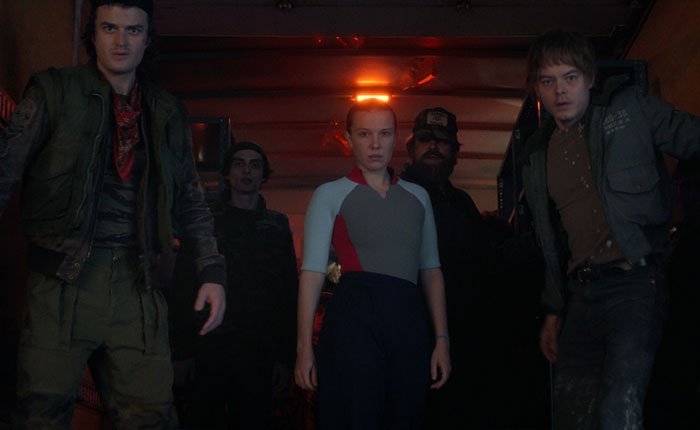 Stranger Things 5 cast in a dark corridor scene receiving comically bad and cringe reactions online from viewers.