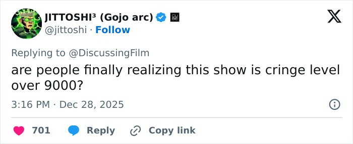 Tweet criticizing Stranger Things 5 as cringe level over 9000, reflecting comically bad fan reactions online.