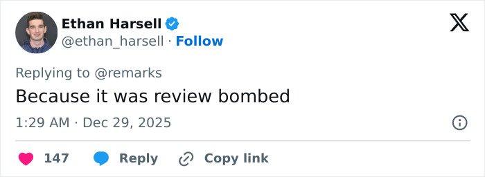 Tweet by Ethan Harsell replying about Stranger Things 5 being review bombed after a comically bad episode online.