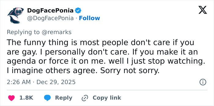 Tweet by DogFacePonia reacting to opinions on LGBTQ+ themes in Stranger Things 5 following a comically bad and cringe episode online.