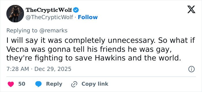 Screenshot of a Twitter reply criticizing Stranger Things 5 episode calling it comically bad and cringe-worthy.