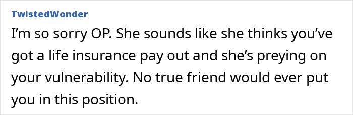 Comment discussing a woman sad about ending a 22-year friendship due to friend’s unreasonable request and vulnerability.