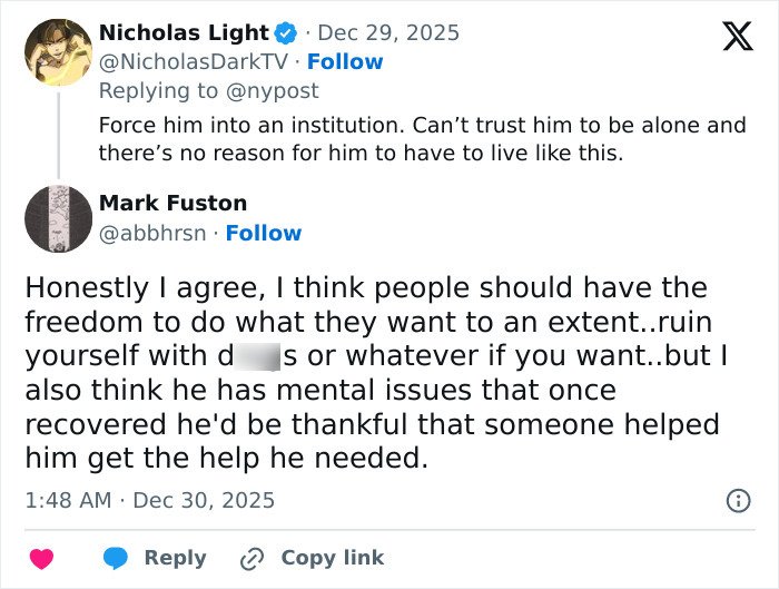 Screenshot of Twitter conversation discussing Tylor Chase’s hospitalization and the mental health support he needs after recovery.