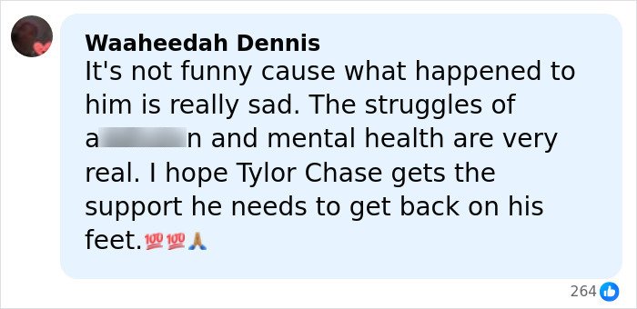 Social media comment expressing sadness over Tylor Chase’s hospitalization and mental health struggles with support wishes.
