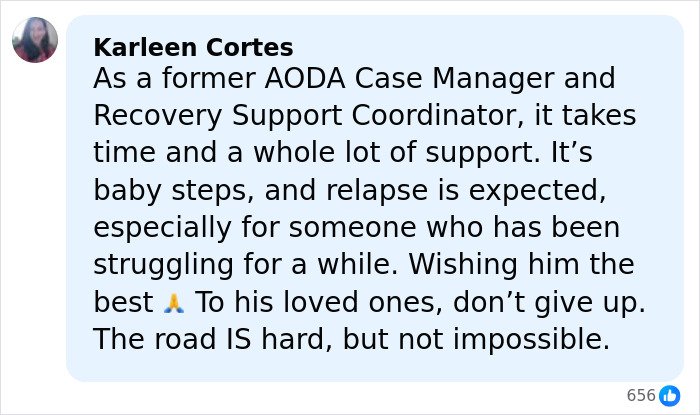 Comment by Karleen Cortes sharing recovery support insights and encouragement related to Tylor Chase’s hospitalization outcome.
