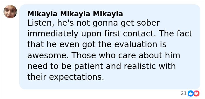 Facebook comment by Mikayla discussing Tylor Chase’s hospitalization and the realistic expectations of his recovery.