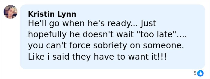 Comment from Kristin Lynn expressing hope about Tylor Chase’s hospitalization and sobriety not being forced on someone.