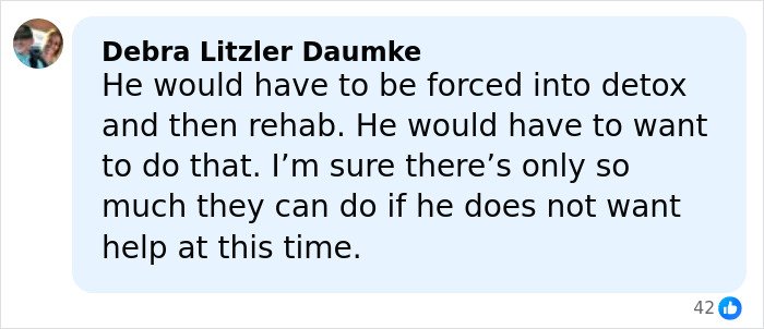 Comment from Debra Litzler Daumke discussing forced detox and rehab related to Tylor Chase’s hospitalization and challenges with seeking help.